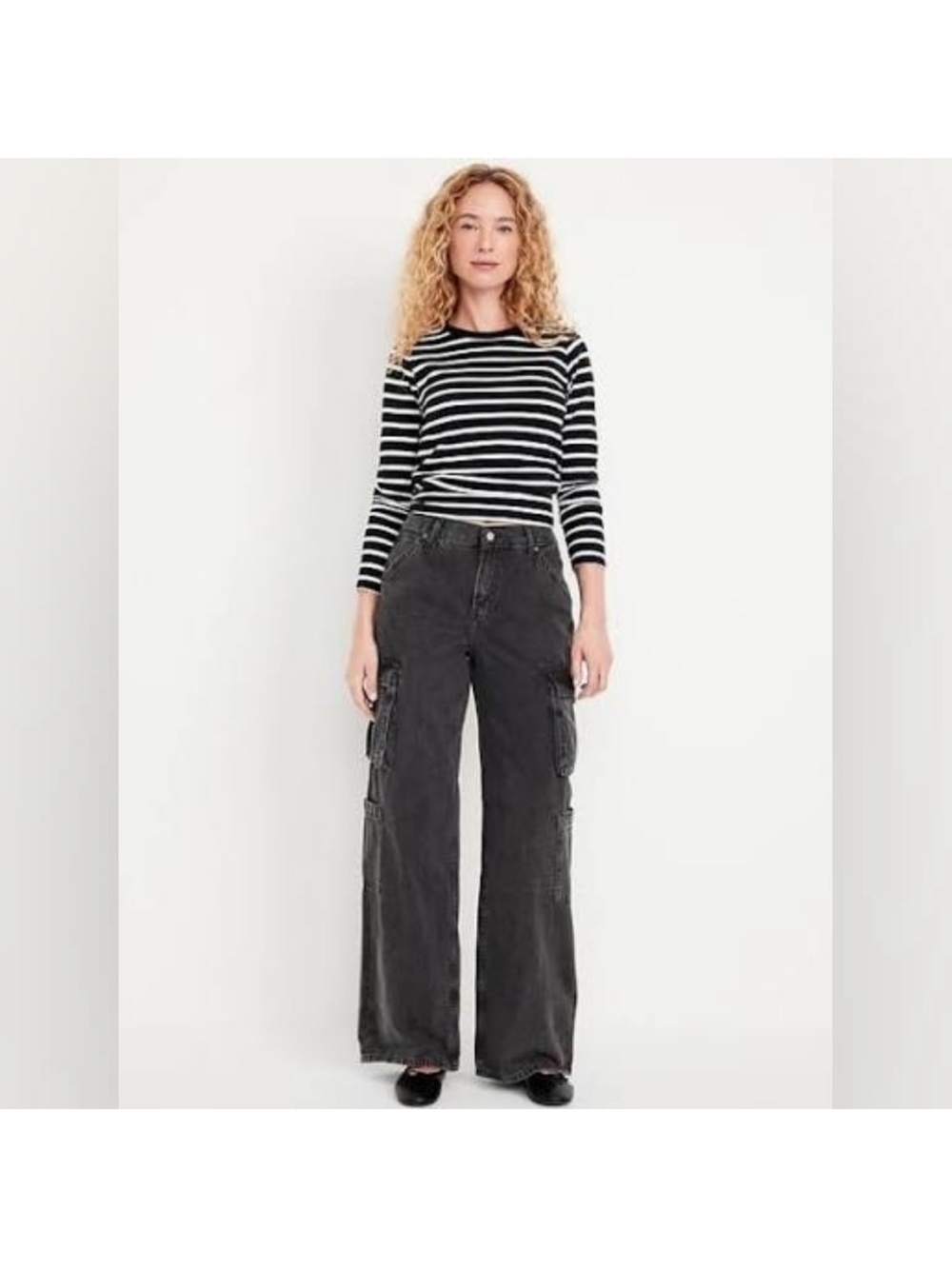 Old Navy Baggy Wide Leg Cargo Jeans mid rise drapey denim grey wash black 12 - Picture 3 of 11